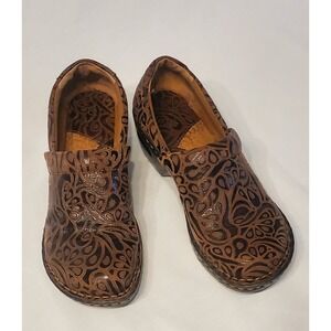 BOC PEGGY Clogs Size 6.5 Brown Tumbled Tooled Leather‎ Slip On
